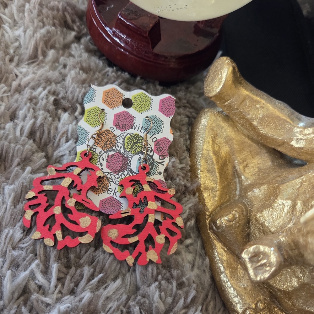 🔥3 For $20 Handmade Red And Gold Hand Painted Wooden Earrings